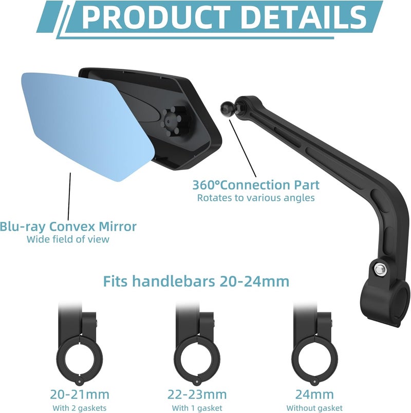 Raoot Handlebar Bike Mirror | Blu-ray Scratch Resistant Glass Lens | Bicycle Rear View Mirrors for Ebike | eBike Accessories - Image 2